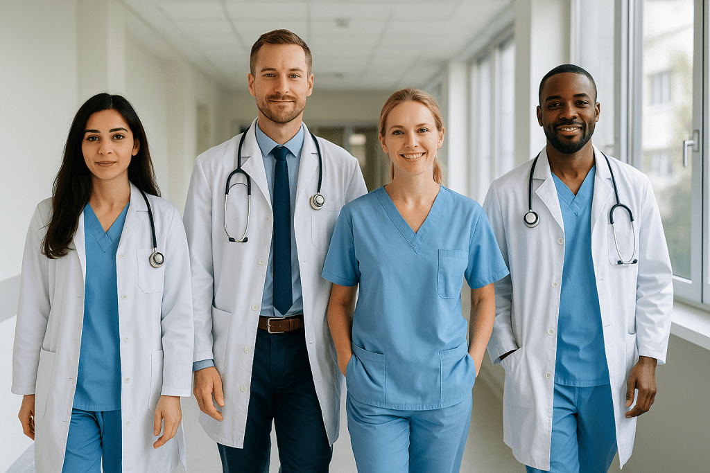 Vier internationale Ärztinnen und Ärzte arbeiten gemeinsam in einem deutschen Krankenhaus